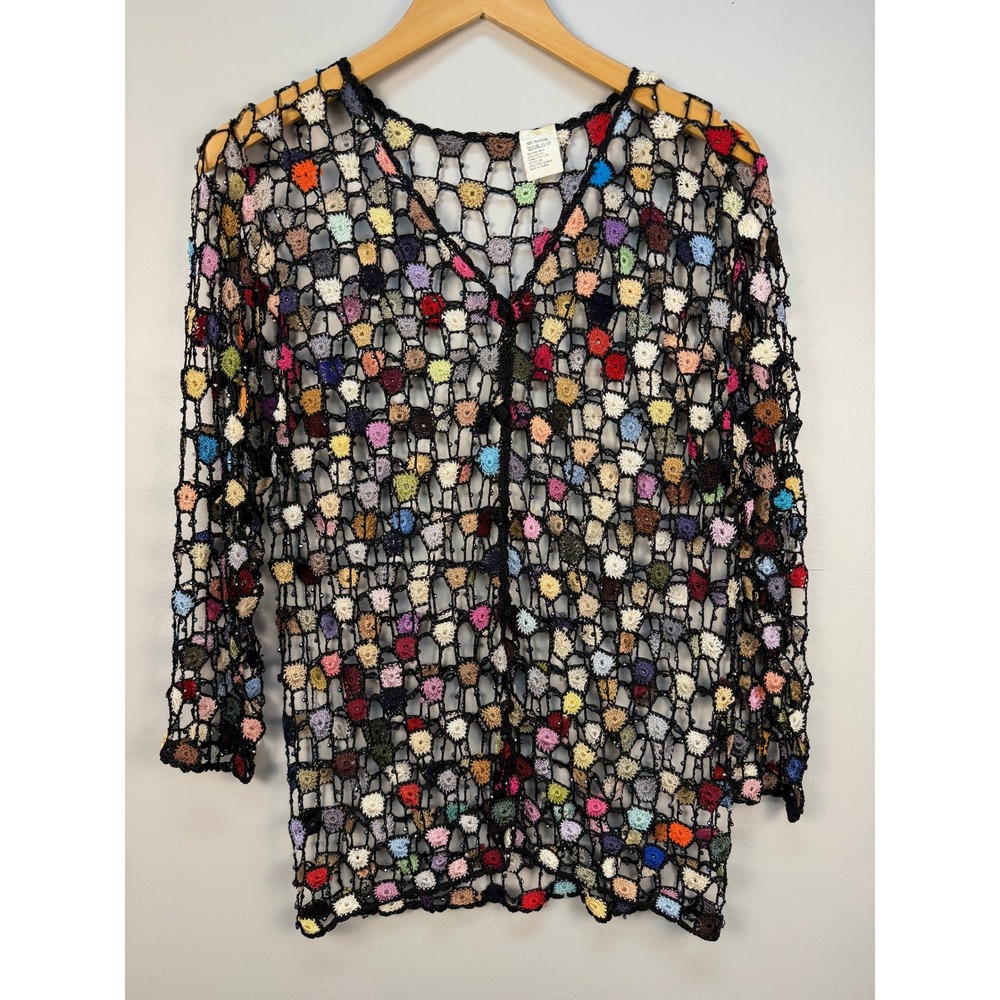 Vintage Open Knit Crochet Beaded Cardigan Multi Color Medallion Boho V-Neck L